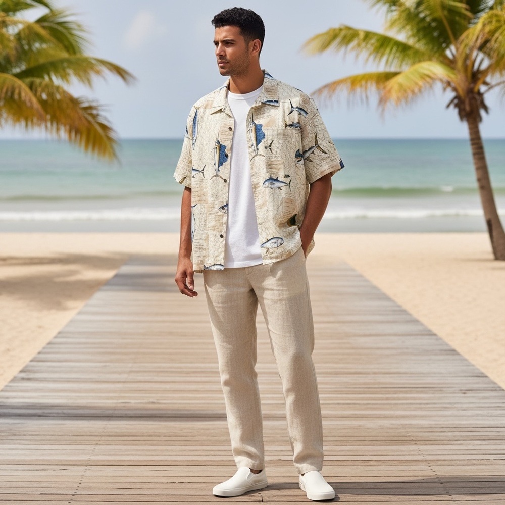 High Seas, Tropical Saltwater Game Fish Print  Button Front Shirt Size Small